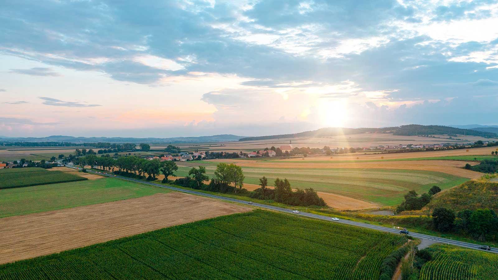 sunrise over agricultural fields representing Environmental Policy studies at Clarkson University